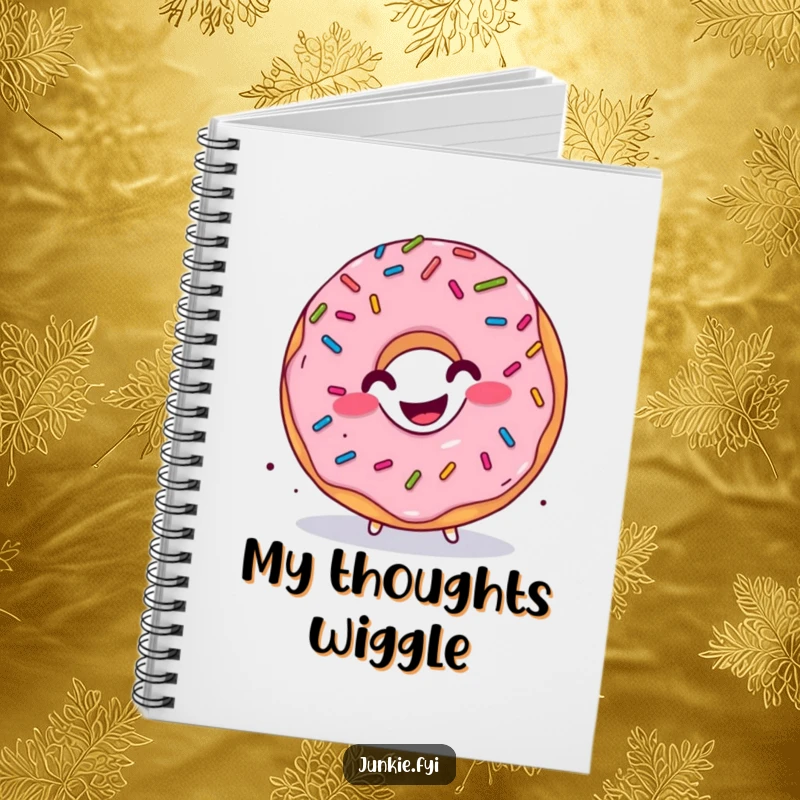 Funny donut notebook, sprinkles falling, character doing a happy wiggle, a delightful place for notes and doodles.