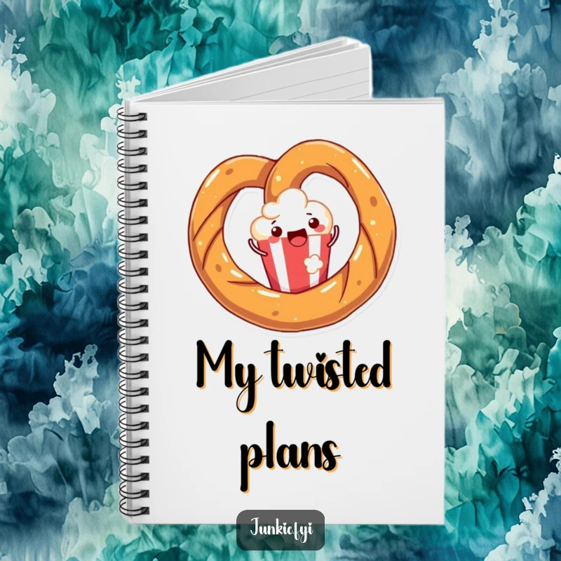 Funny notebook with a joyful pretzel twisting with happiness around a popcorn kernel on the cover, inspiring fun notes.