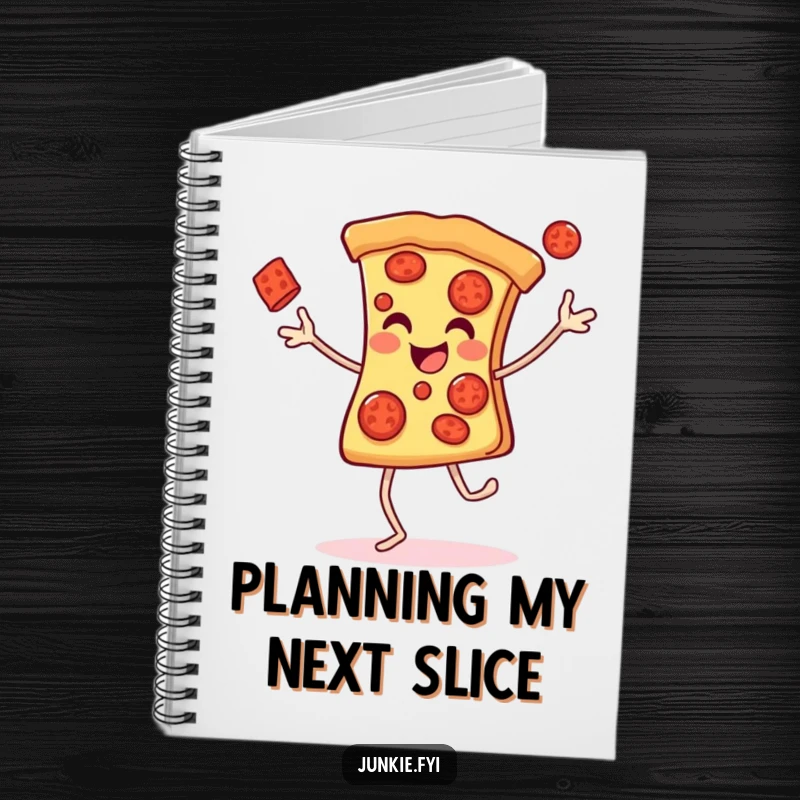 Funny Notebook with a cheerful pizza slice gleefully juggling pepperonis, perfect for jotting down fun ideas.