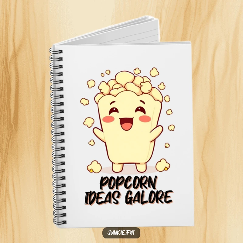 Funny popcorn character showering itself with popcorn, featured on a notebook for capturing bright ideas.