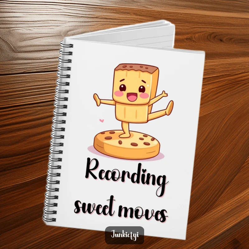 Funny Notebook with a delighted candy bar performing gymnastics on a cookie, perfect for jotting down sweet ideas.