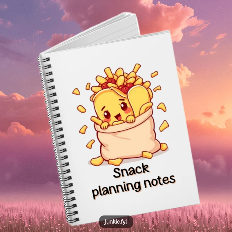 Funny notebook showcasing a curious taco character peeking from a chip bag, ideal for capturing snack-related thoughts.