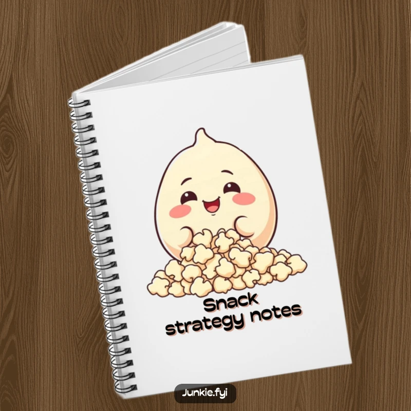 Funny Notebook: A plump food character with a happy grin munches popcorn, ready for your notes.