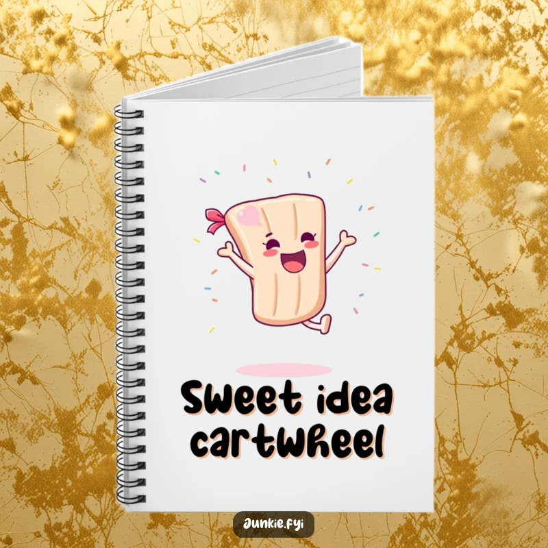 Funny Notebook: A candy bar character performs a cartwheel with sprinkles flying, inspiring sweet thoughts and playful note-taking.
