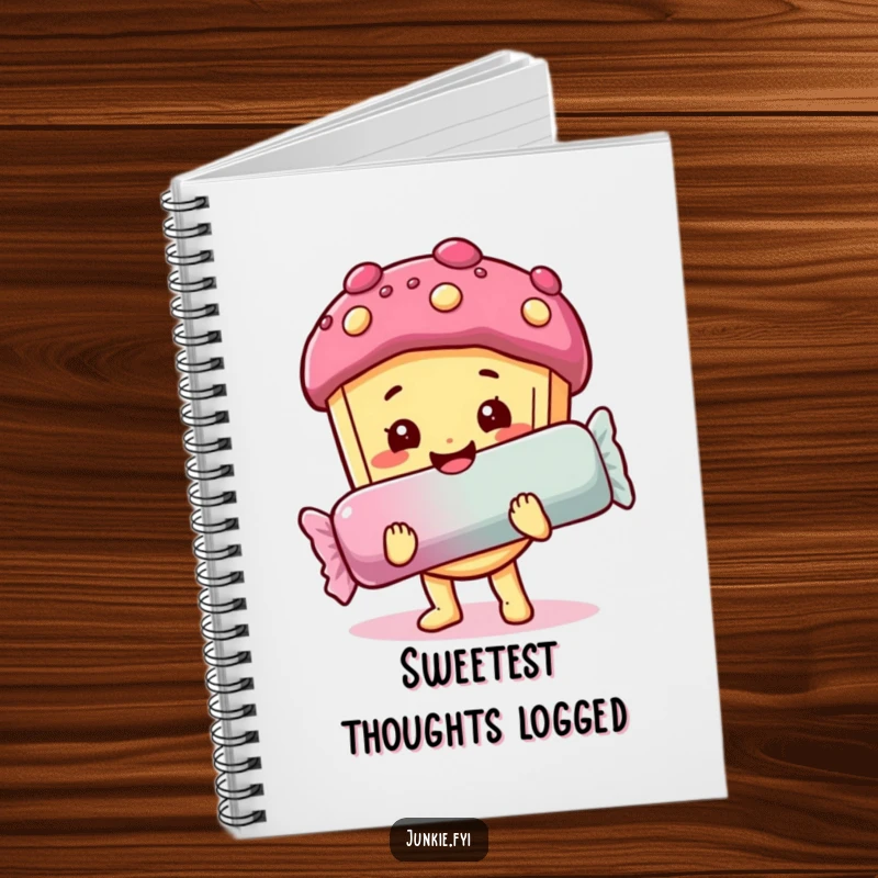 Funny notebook: A happy food character with a sweet expression holds a giant candy bar, perfect for jotting down sweet ideas.