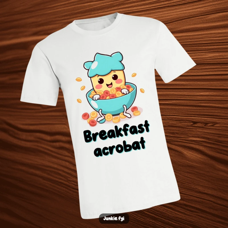 Funny T-Shirt: A smiling food character with wiggly legs joyfully dives into a big bowl of swirling, delicious cereal.