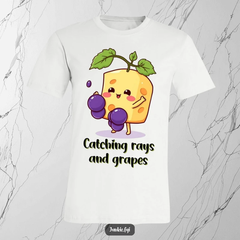 Funny Kawaii cheese character with outstretched arms, humorously trying to catch a falling grape, a vibrant t-shirt graphic.