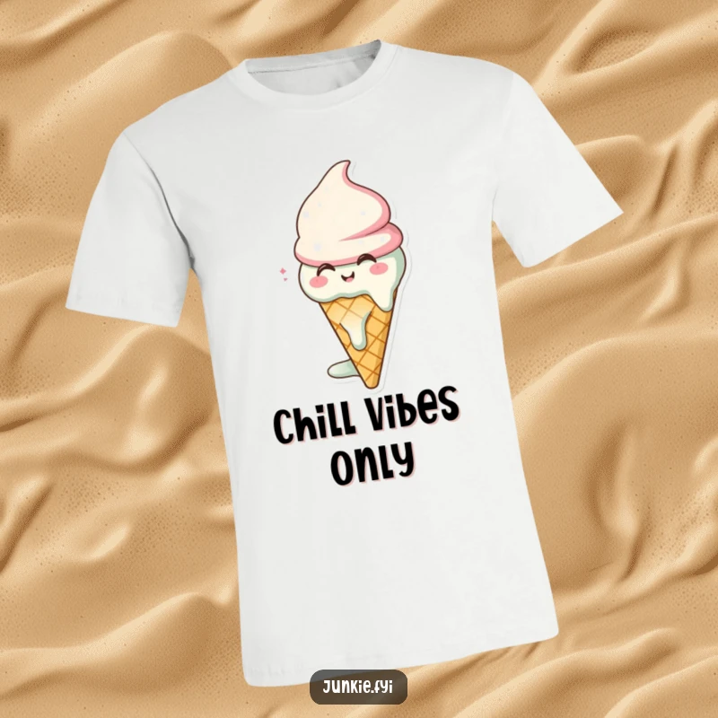 Funny ice cream cone t-shirt character, melting joyfully, sighing contentedly, a cool and funny gift.