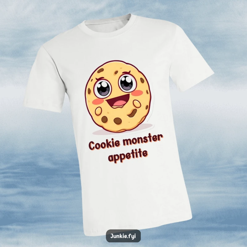 Funny T-Shirt: A happy cookie character with big eyes is taking an enormous, ecstatic bite, conveying pure delight and humorous gluttony.