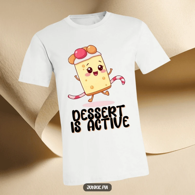 Funny t-shirt with a happy slice of pie gleefully skipping along a licorice rope, radiating pure, unadulterated fun.