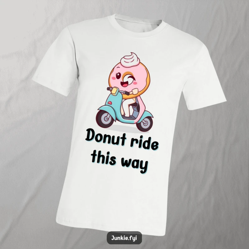 Funny T-Shirt of a playful donut with frosting winking while riding a tiny scooter, a charming and humorous design.