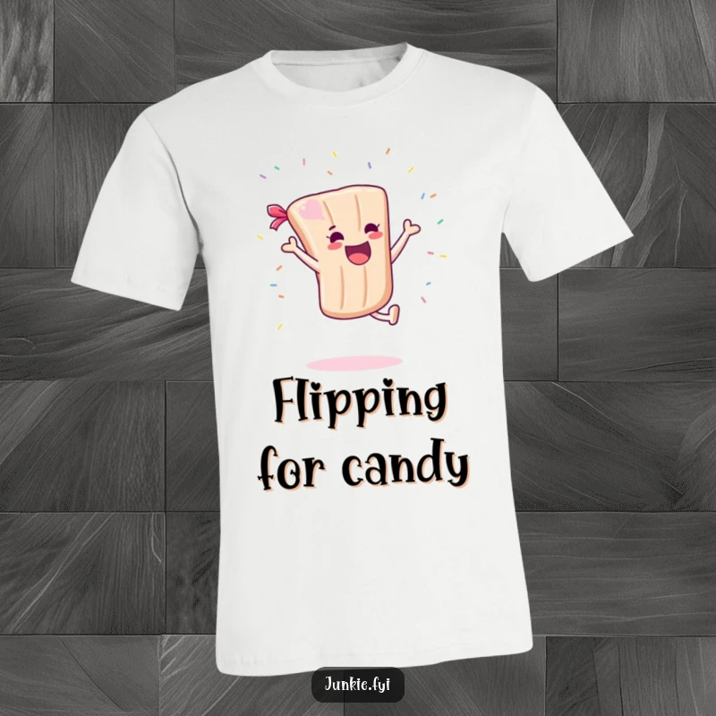 Funny T-Shirt: A joyful candy bar character performs a cartwheel, with a shower of sprinkles flying, conveying a sense of playful exhilaration.