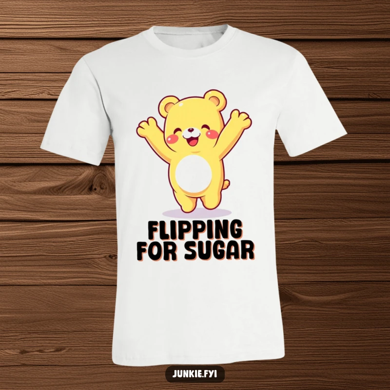 Funny gummy bear t-shirt, a happy character performing a cartwheel with a joyful, delighted expression, sweet and energetic.