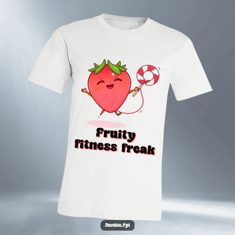 Funny t-shirt with a giggling strawberry gleefully jumping rope with a licorice string, radiating pure, energetic amusement.