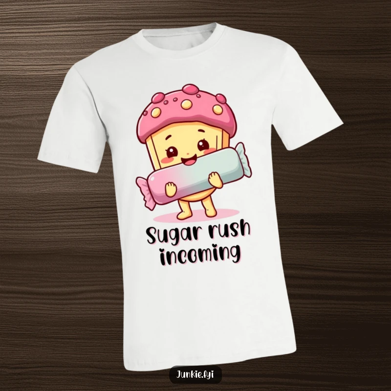 Funny t-shirt: A food character with a sweet expression happily holds a giant candy bar, symbolizing sweet satisfaction.