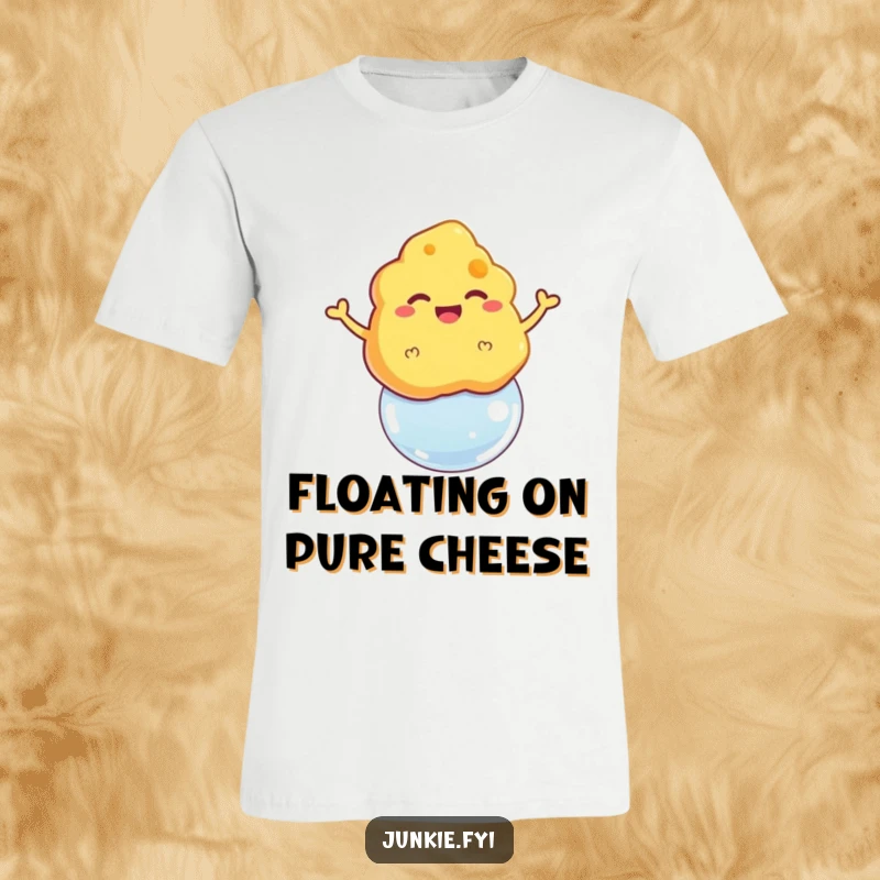Funny t-shirt featuring a grinning cheese puff floating triumphantly on a bubble, a delightful and airy design.