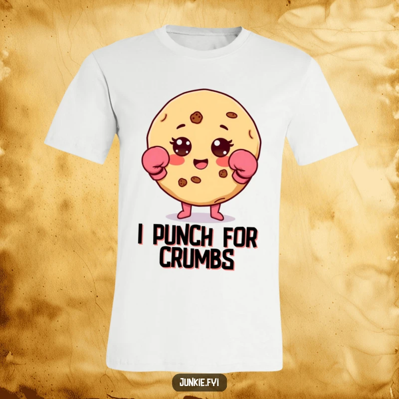 Funny cookie character with chip accents wearing tiny boxing gloves, ready to fight on a comfortable t-shirt.