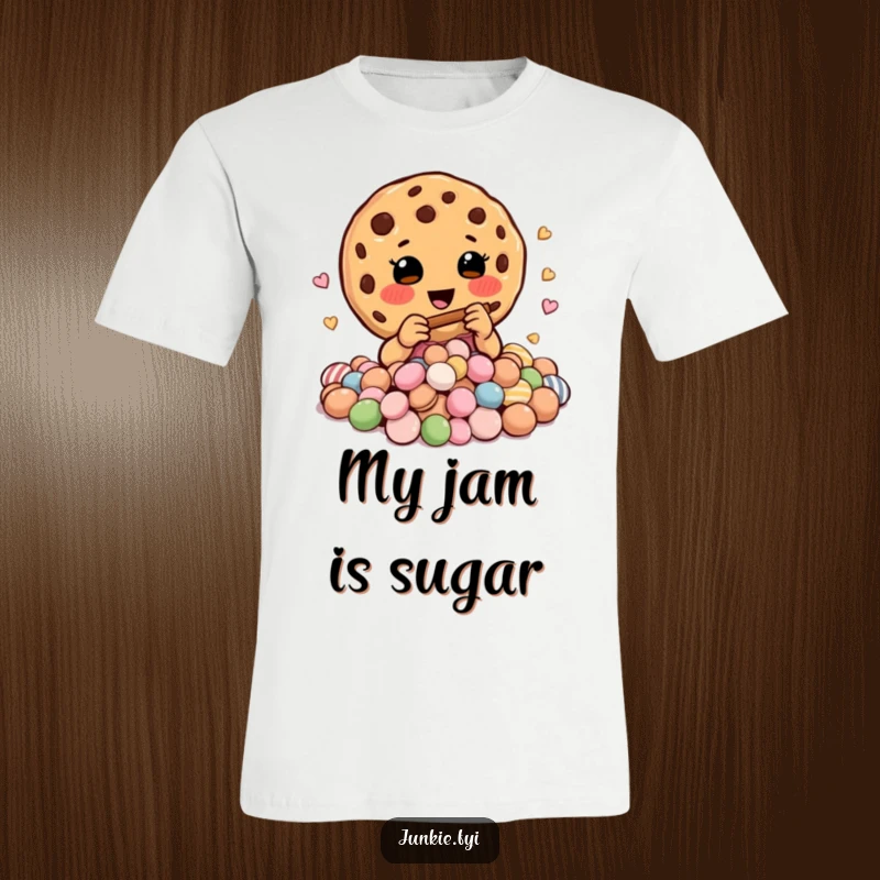 Funny t-shirt depicting a happy cookie charmer expertly playing a miniature flute to an captivated audience of sweet candies.