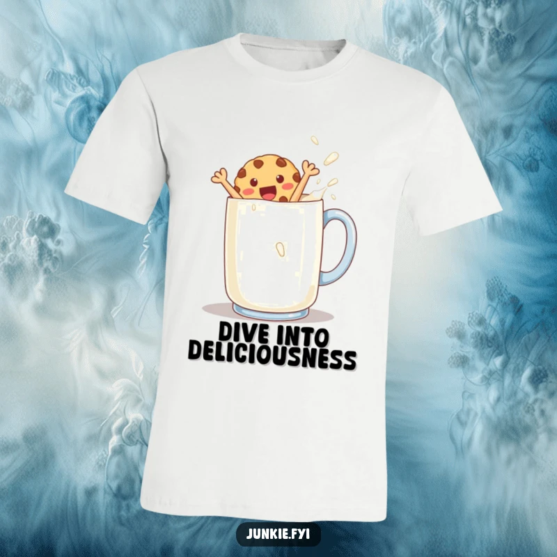 Funny cookie character gleefully jumping into a large mug of milk on a t-shirt, depicting sweet satisfaction.