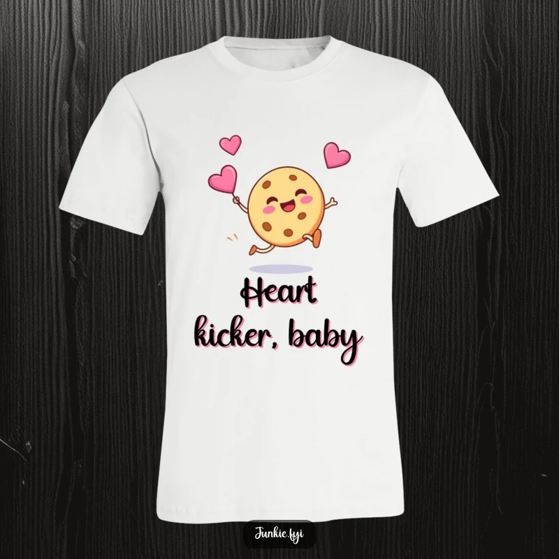 Funny t-shirt with a silly cookie grinning widely as it kicks a heart-shaped candy, symbolizing playful love and sweet mischief.