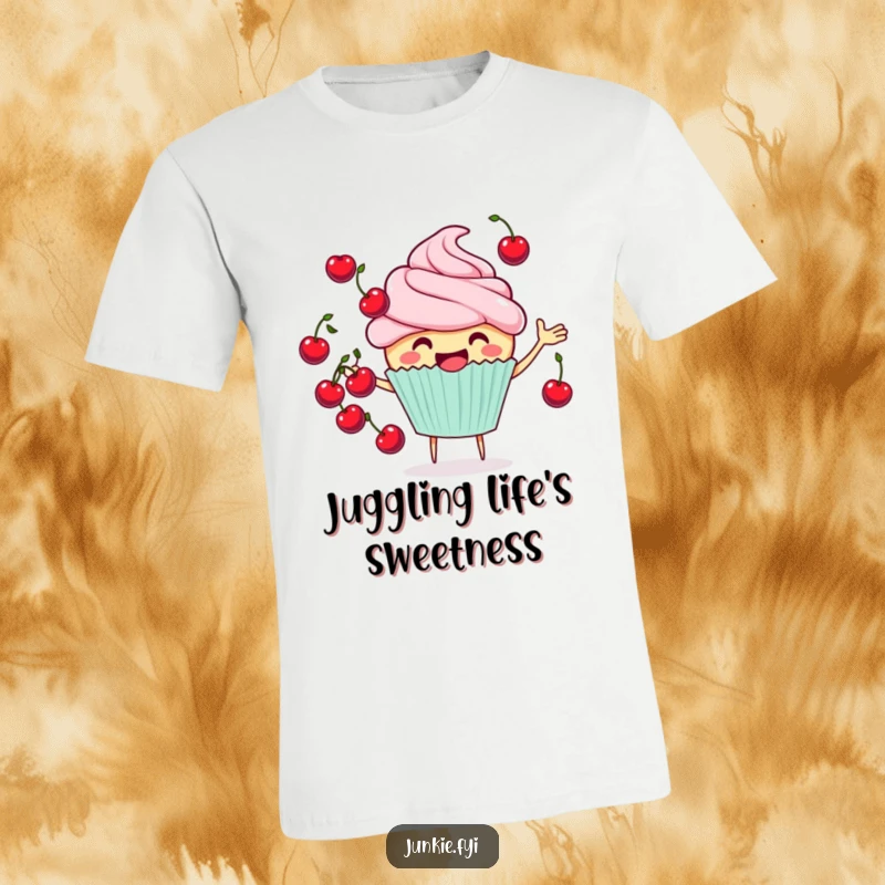 Funny cheerful cupcake t-shirt juggling cherries, a playful and happy character, great for casual wear.