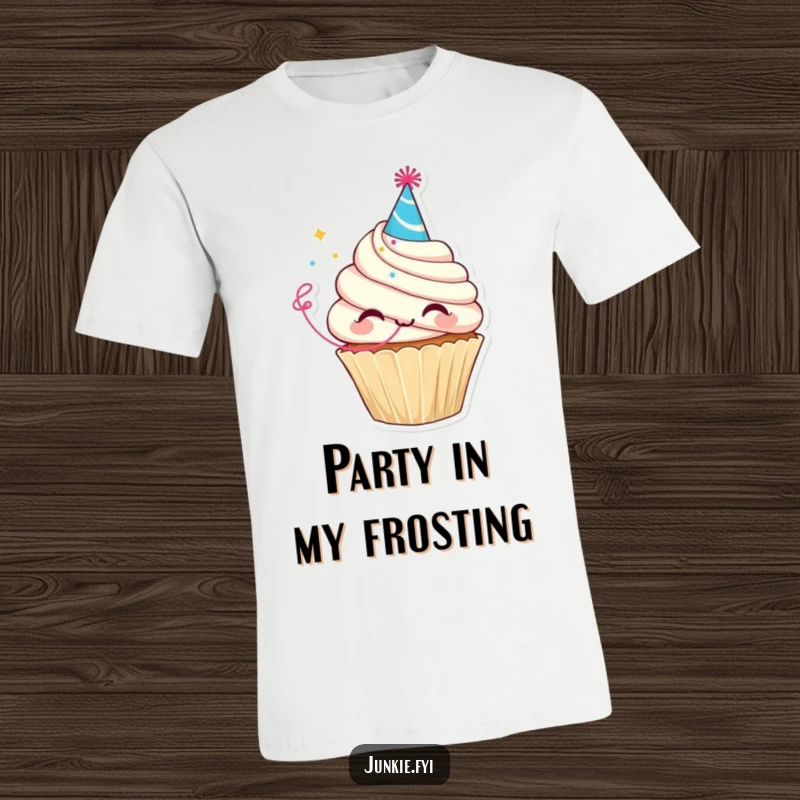Funny t-shirt featuring a delighted cupcake character sporting a tiny party hat and blowing a colorful streamer, radiating joy.