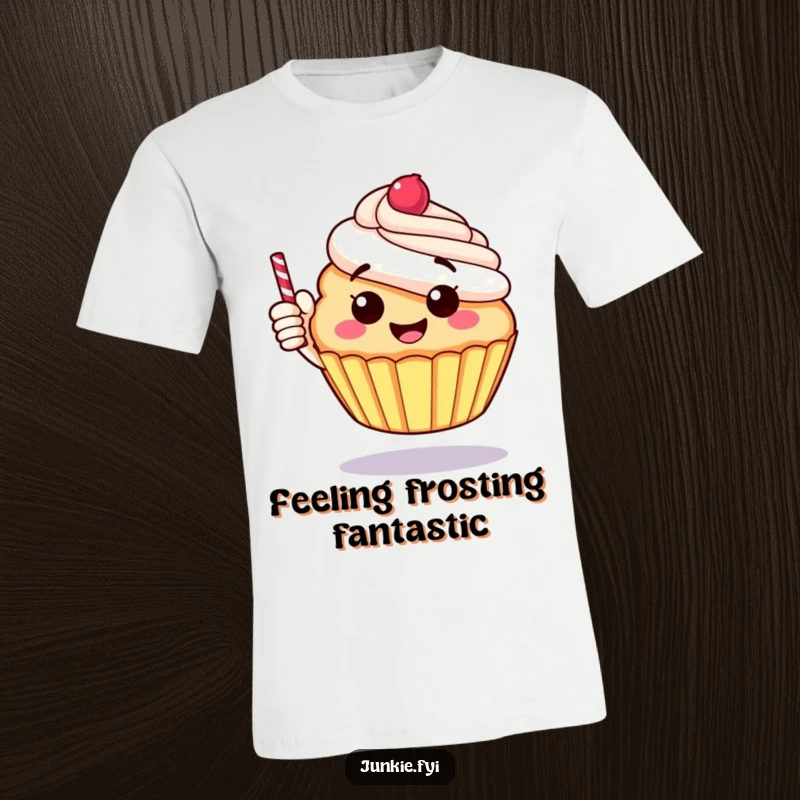 Funny t-shirt with a cheerful, round cupcake giving a thumbs up with a candy stick, a positive message.