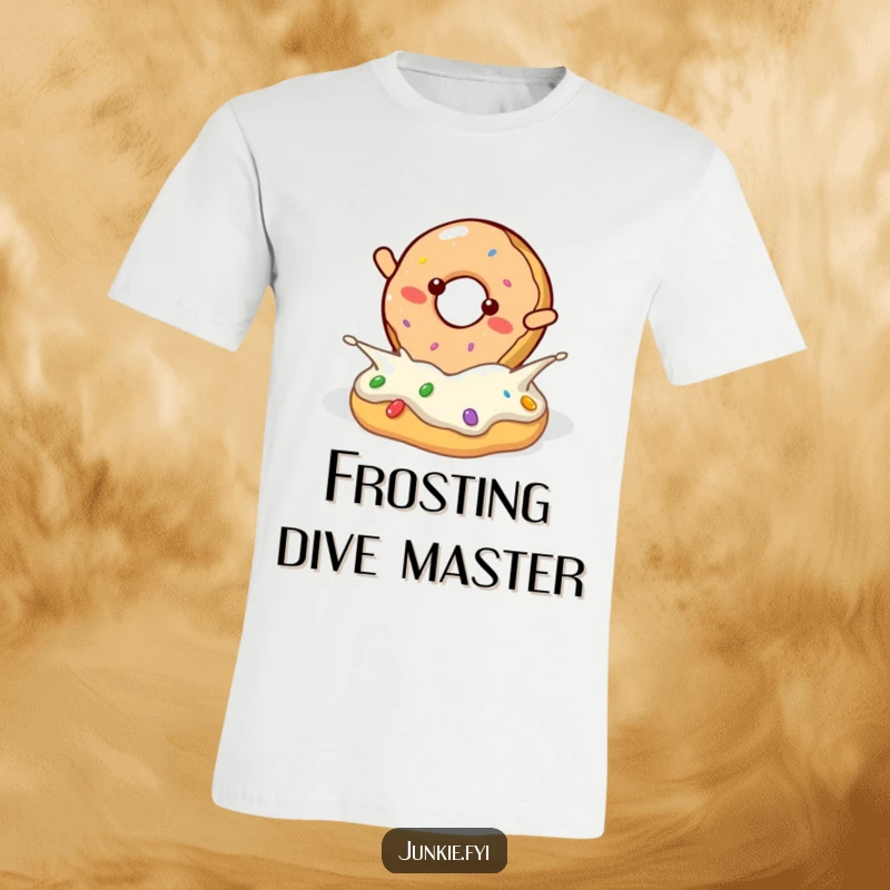 Funny cheerful donut character doing a happy flip into a frosting pool, printed on a t-shirt.