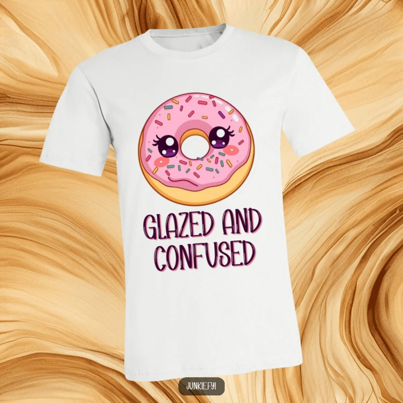 Funny t-shirt showcasing a delighted donut with wide eyes, happily stuffing its face with a generous amount of colorful sprinkles.