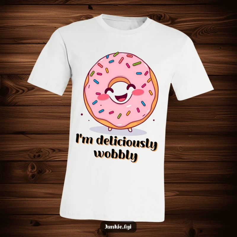 Funny donut t-shirt with sprinkles raining down, performing a joyful wiggle, conveying sweet and sugary happiness.