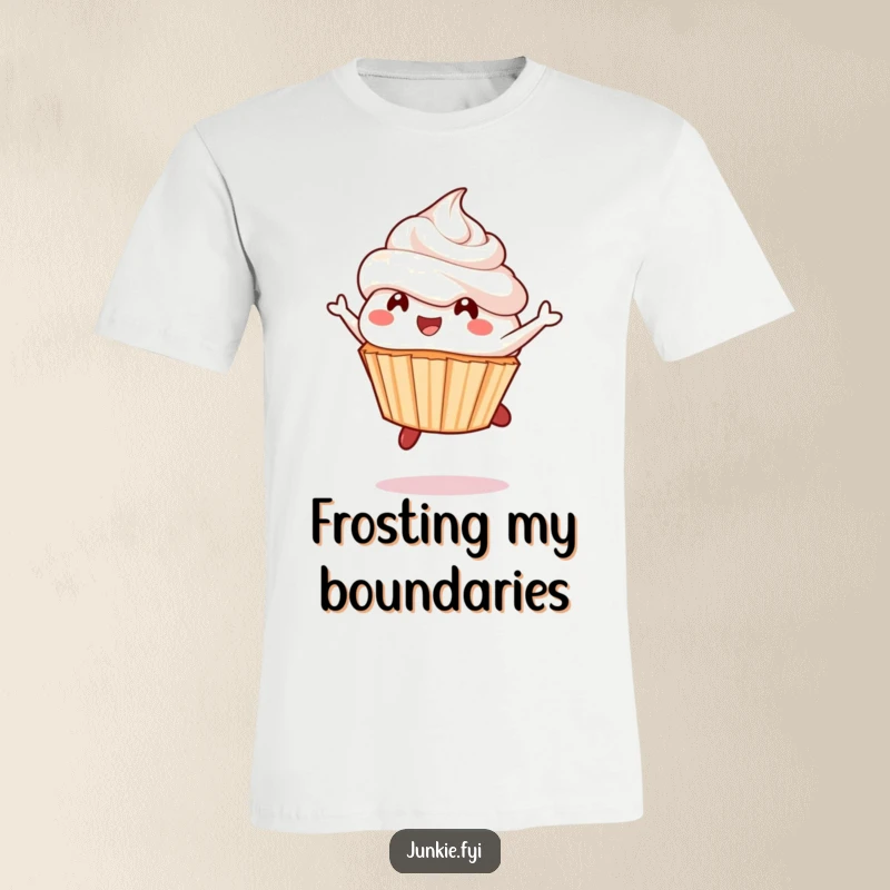 Funny cupcake t-shirt, a delighted character mid-leap with frosting flying, joyful and sweet.
