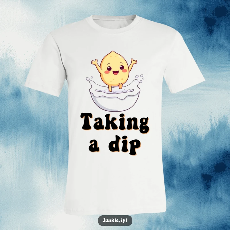 Funny t-shirt depicting a gleeful food character with tiny legs leaping into a foamy milk bath, embodying pure, bubbly joy.