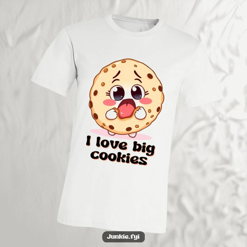 Funny t-shirt depicting an excited food character with big, eager eyes taking a huge bite out of a giant cookie with pure delight.