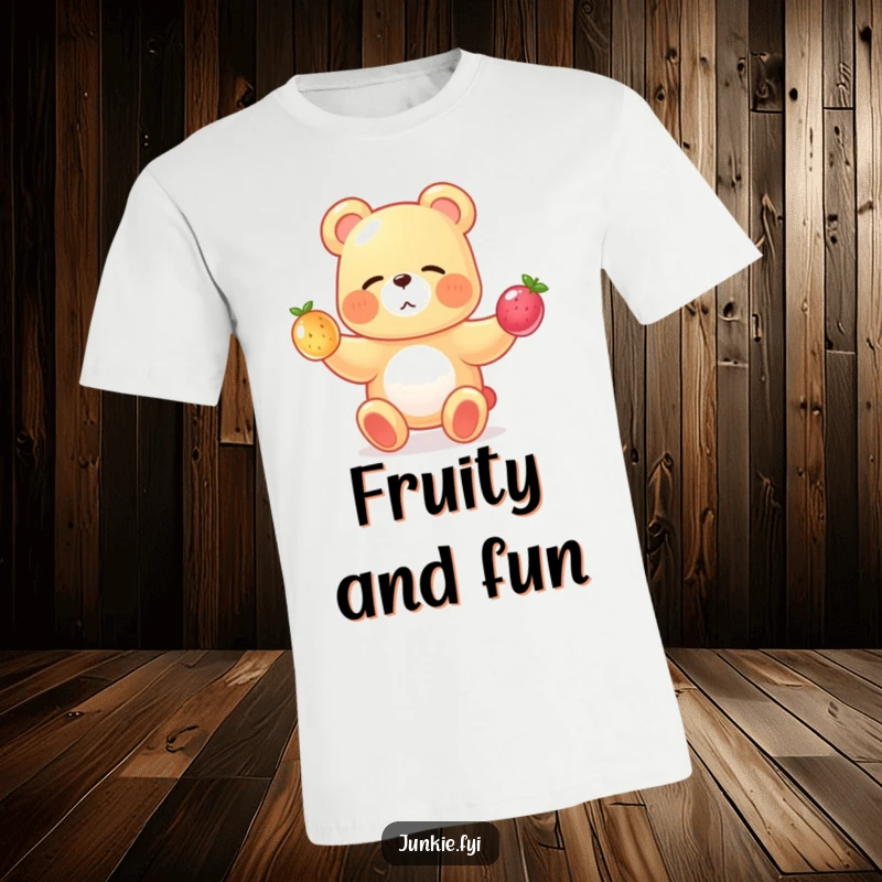 A winking gummy bear skillfully juggles tiny fruits, bringing sweet, funny charm to this graphic t-shirt.