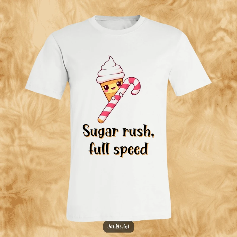 Funny T-Shirt: A mischievous ice cream cone joyfully slides down a vibrant candy cane, a perfect depiction of sweet, childish fun.