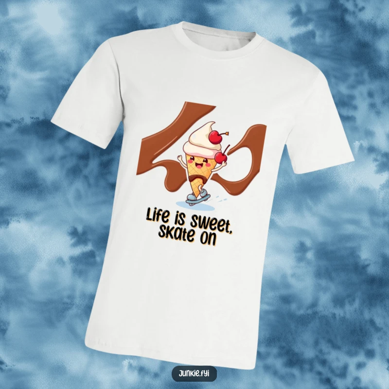 Funny ice cream cone character wearing a cherry on top, skating on chocolate syrup on a comfortable t-shirt.