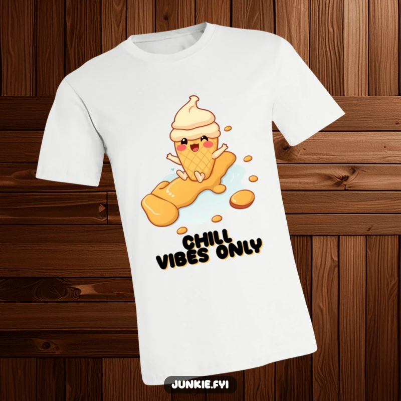Funny ice cream cone character gleefully sliding down a caramel river, perfect for expressing joy and sweetness.