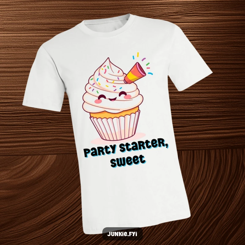 Funny Kawaii cupcake with a party horn releasing a stream of colorful sprinkles, printed on a fun t-shirt.
