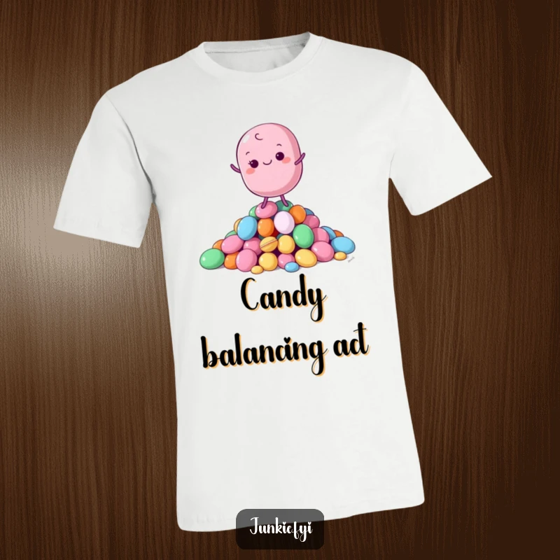 Funny T-Shirt with a calm macaron character elegantly balancing on a stack of colorful candies, representing sweet harmony.