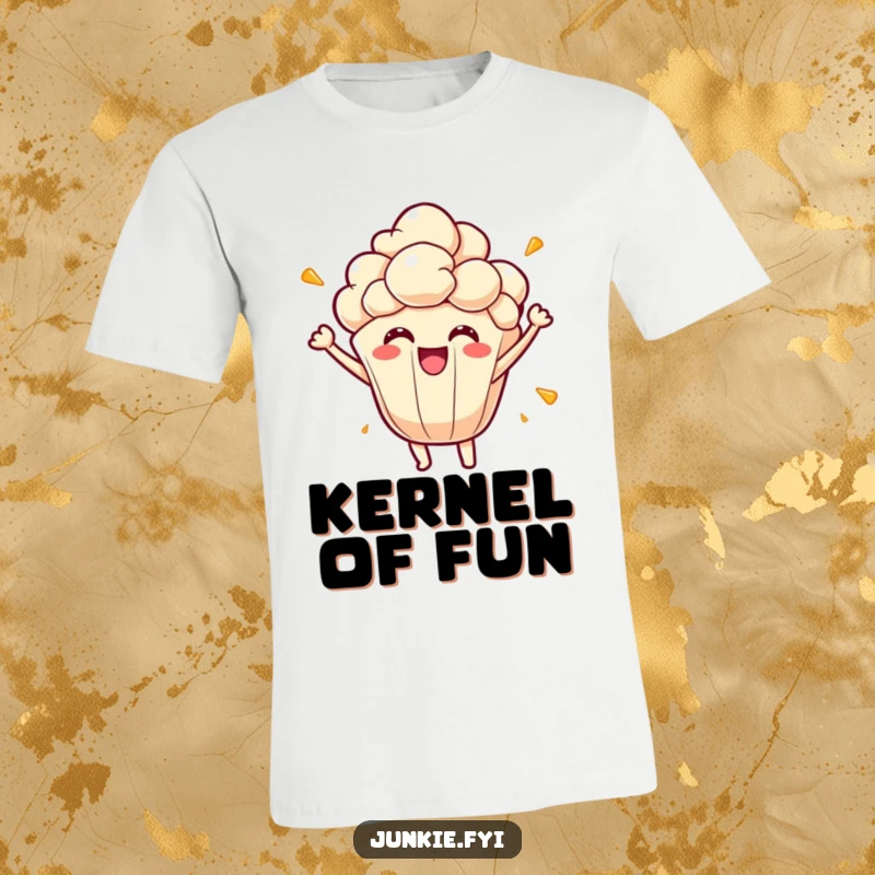 Funny joyful popcorn kernel t-shirt, bursting with energetic excitement, a cute character illustration, great for casual wear.