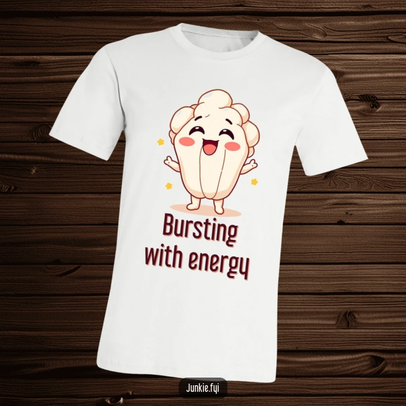 Funny popcorn kernel character giggling as it bursts with joy on a t-shirt, symbolizing happy moments.
