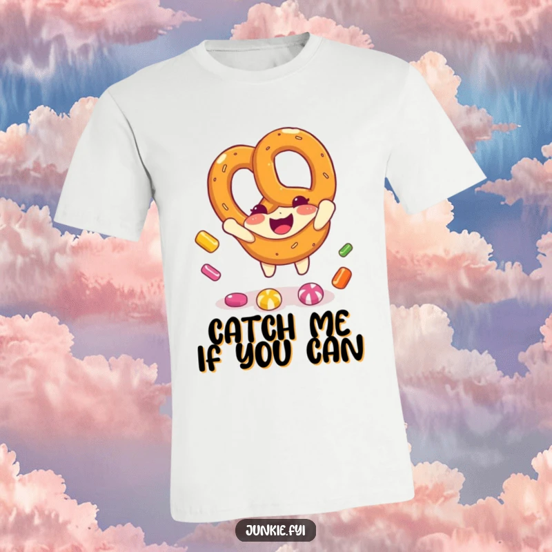 Funny pretzel character joyfully attempting to catch falling candy pieces on a t-shirt, radiating happiness and a playful spirit.