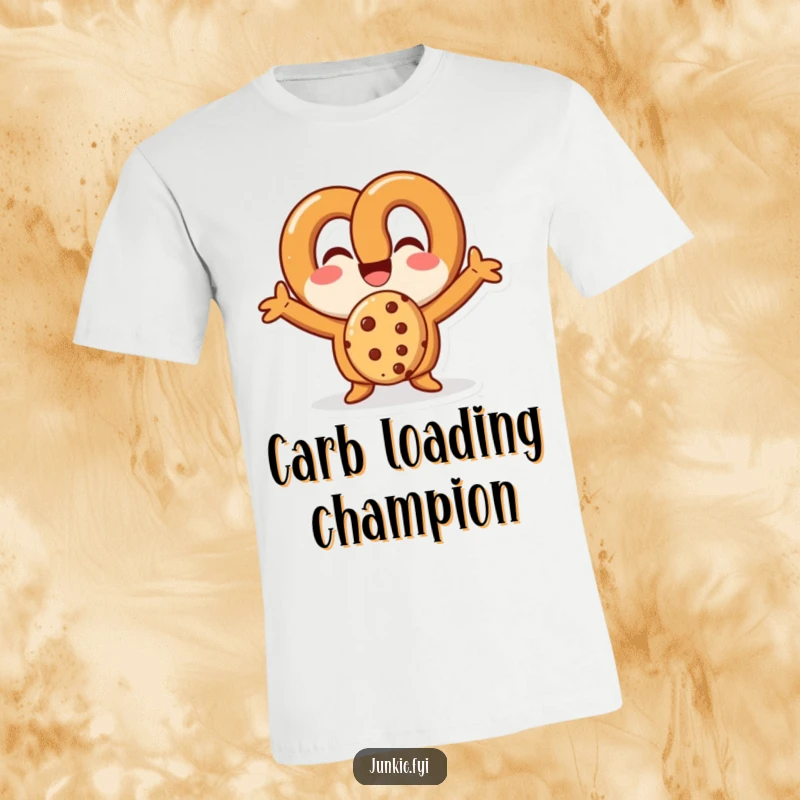 Funny pretzel character gleefully eating a cookie, spreading joy and humor with its outstretched arms.