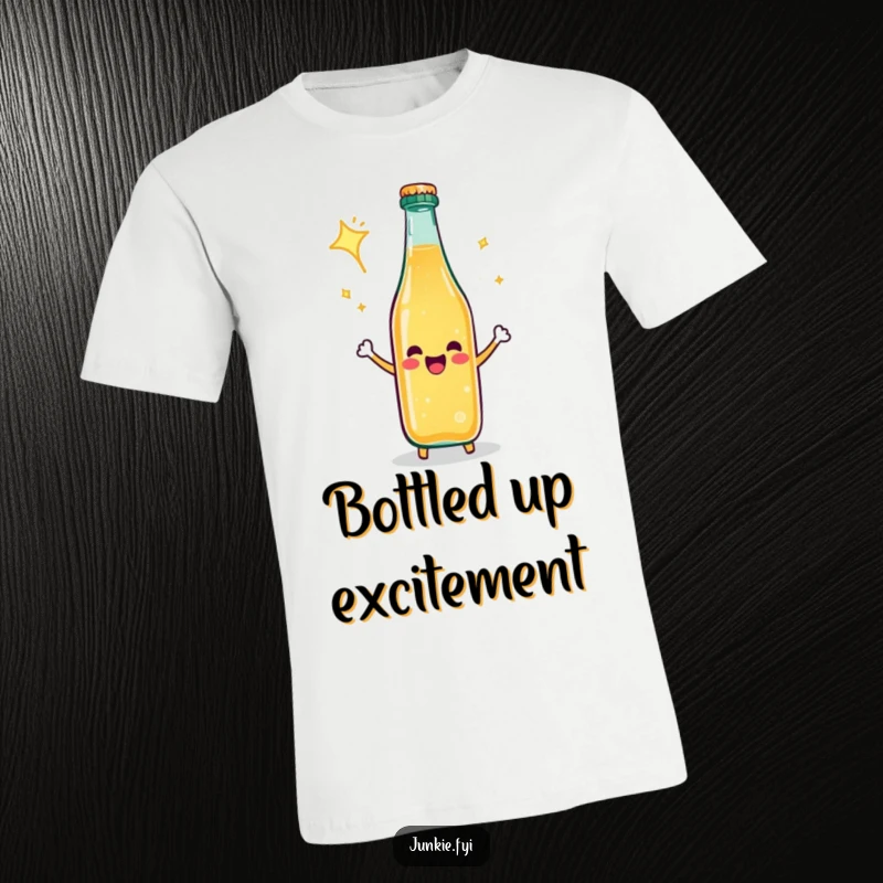 Funny T-Shirt: A happy soda bottle bursts with celebratory fizz, a dynamic image of pure excitement.
