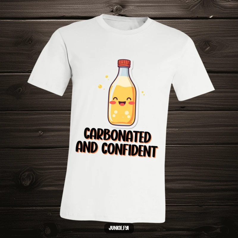 Funny soda bottle t-shirt character, radiating happiness and fizz, symbolizing excitement for a fun gift.