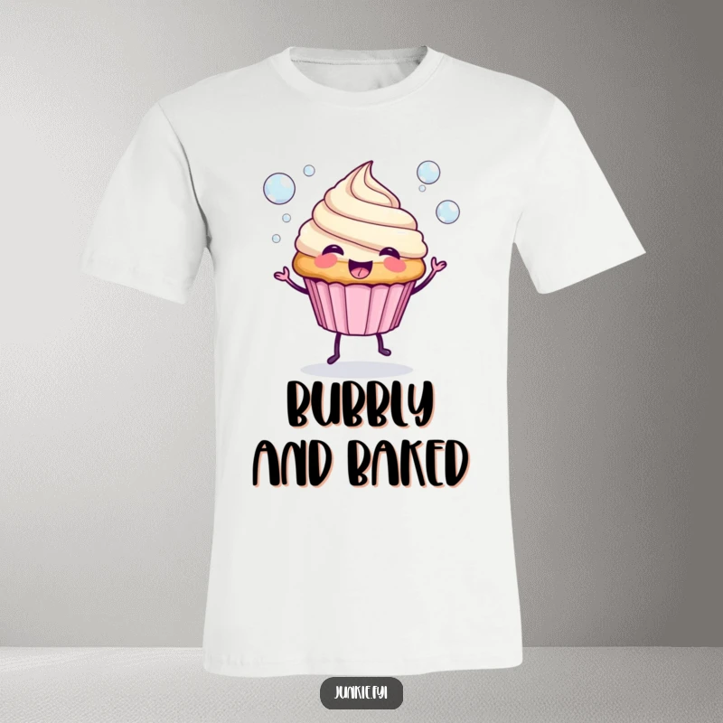 Funny T-Shirt: A spunky cupcake with legs merrily blows rainbow-colored bubbles, a delightful image of sweet joy.