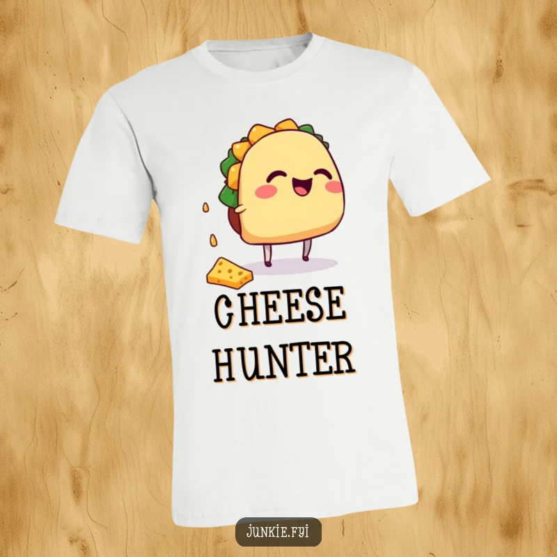 Funny giggling taco character with tiny legs attempting to catch falling cheese, printed on a tee.