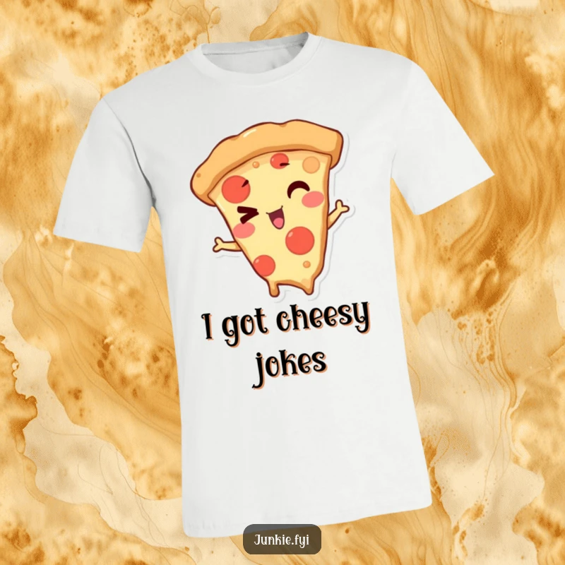 Funny T-Shirt with a mischievous pizza slice character delivering a charming and playful wink, exuding confidence and humor.