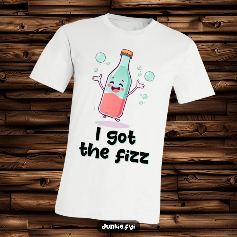 Funny T-Shirt: A giggling soda bottle character is dancing with great excitement, surrounded by effervescent bubbles, conveying playful energy.