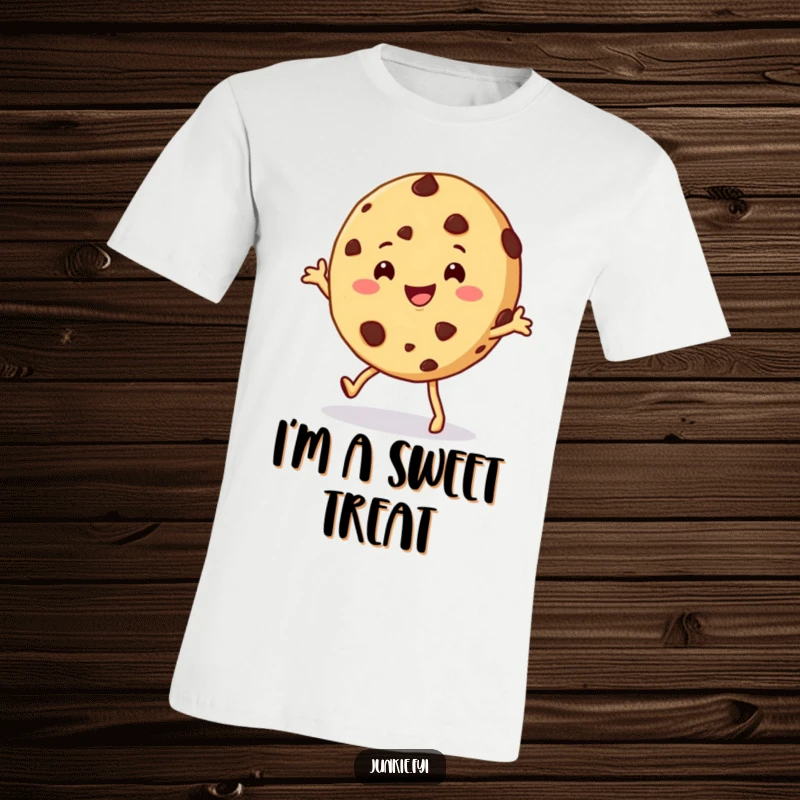 Funny cookie t-shirt showing a happy chocolate chip cookie character doing a playful shimmy, full of sweet, comical energy.